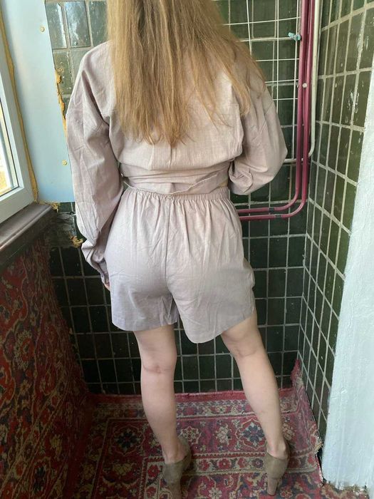 Жіночий літній костюм з бавовни шорти сорочка коричневий оверсайз