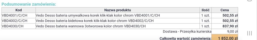 Bateria umywalkowa, bidetowa, wannowa komplet nowe