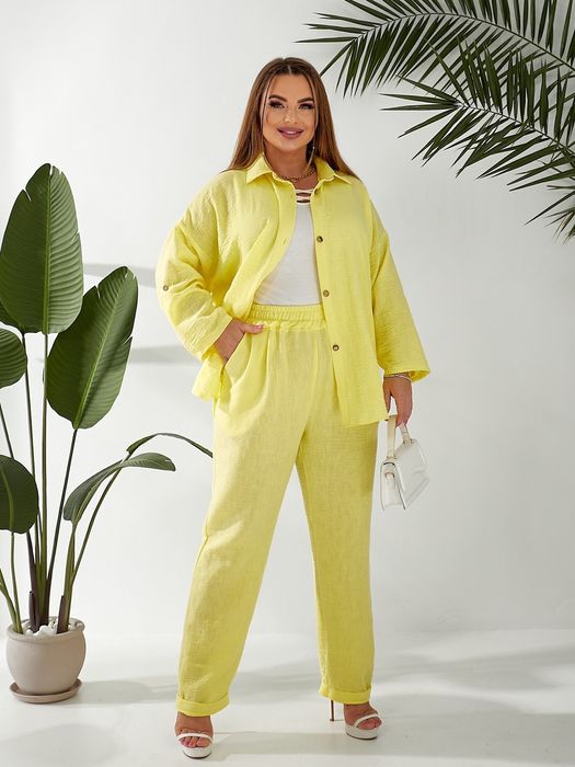 Лляний костюм двійка сорочка вільного крою штани висока талія