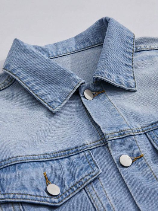 Kurtka Męska Jeansowa Vintage Z Surowym Wykończeniem Casual Romwe M