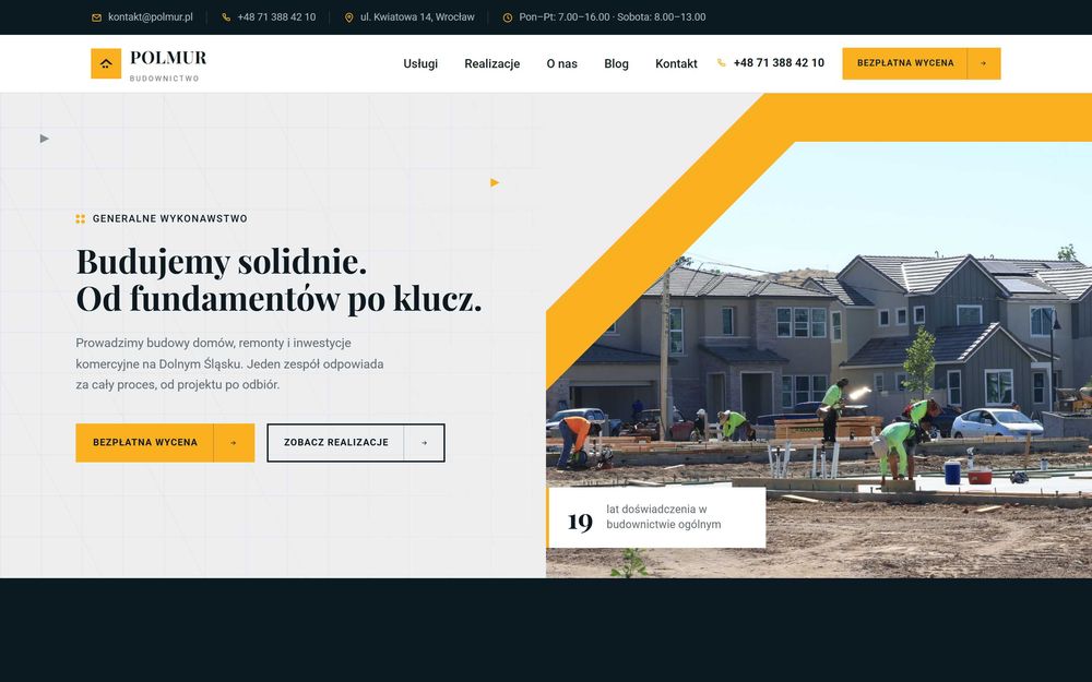 Gotowa strona internetowa dla firmy budowlanej: szablon WordPress z wdrożeniem, formularzem wyceny i prezentacją realizacji, cena 990 zł netto
