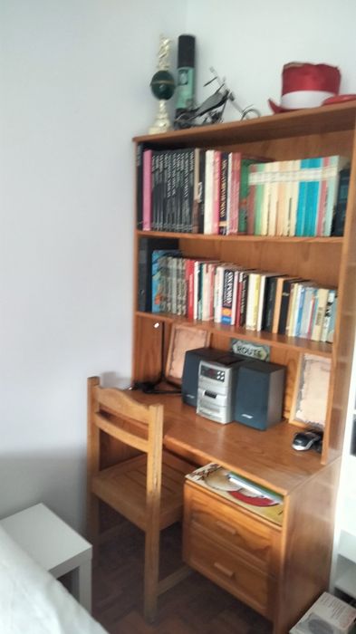 Secretária, cadeira, estante da secretária e uma mesinha cabeceira