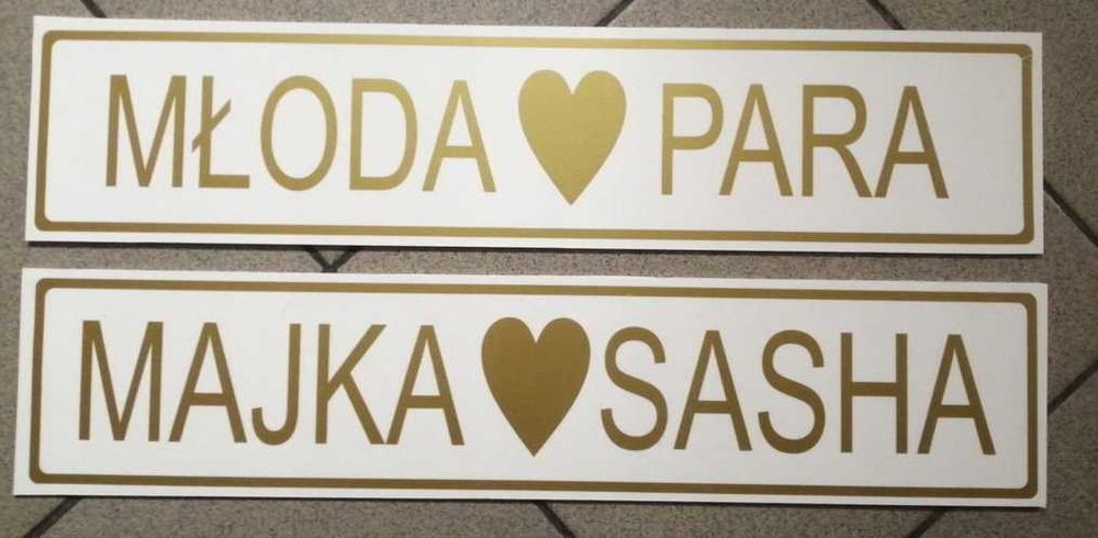 Tablice auta MŁODA PARA imiona wesele 2 szt wodoodporne PCV 2 mm