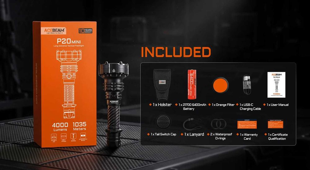 Acebeam P20 Mini Ліхтар Далекобійний, Тактичний (4000 Люмен, 1035 Метрів, АКБ 21700, 6400 мАг)