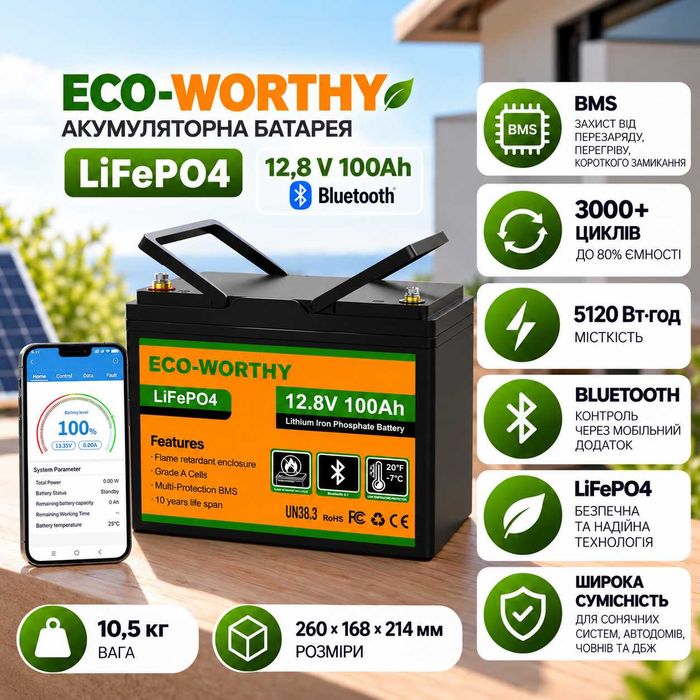Акумулятор батарея ECO-WORTHY 12V 100Ah LiFePO4 з Bluetootooth