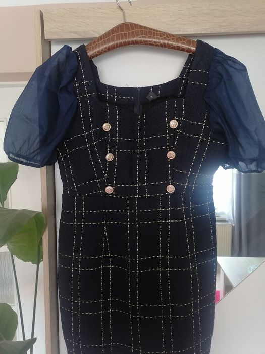 Elegancka sukienka granatowo zlota guziki komunia 44