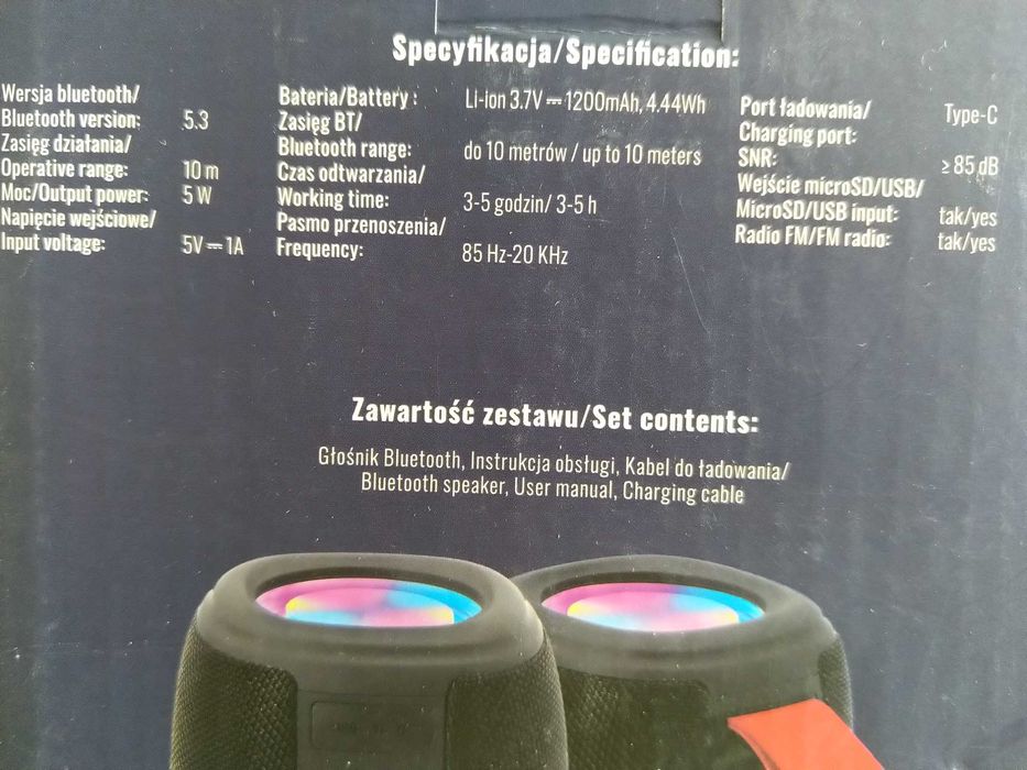 NOWY Głośnik Bezprzewodowy 5W BT 5.3 RGB Radio FM usb micro-sd FOREVER