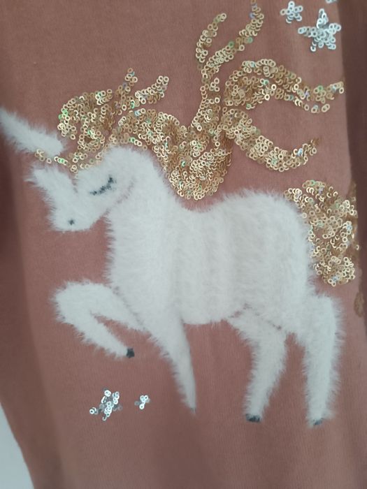 Sweterek 122/128 H&M bawełniany z jednorożcem cekiny falbanka