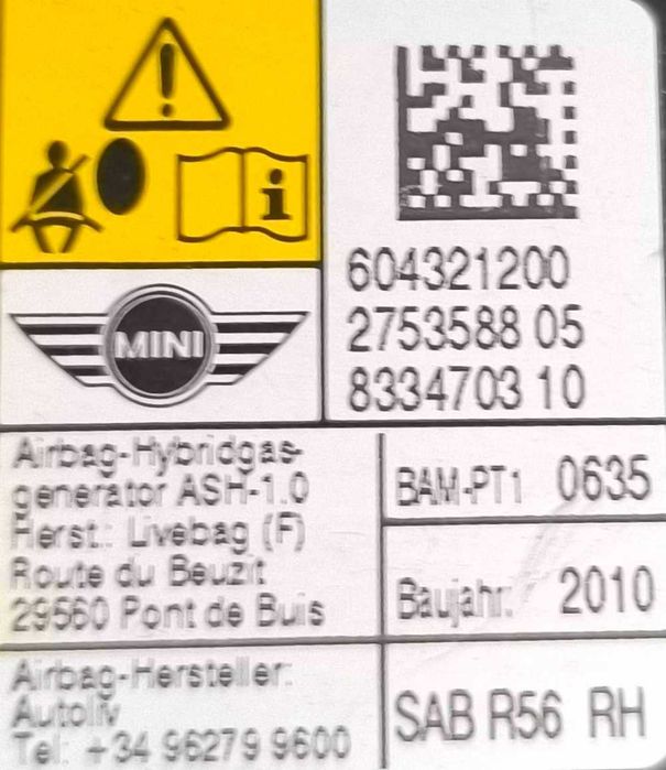 Airbag Banco Direito | MINI | MINI (R56) [11.2005 - 01.2014]