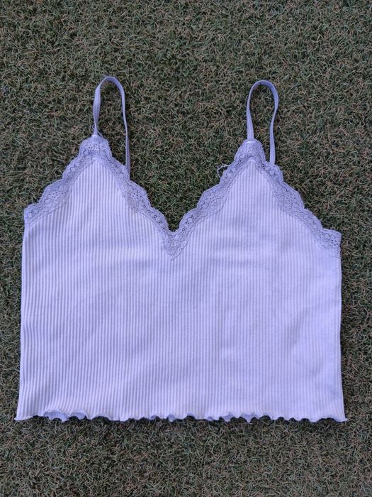 Top Curto Cinzento com Renda | Lace Ribbed Crop Top
