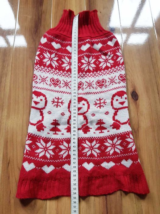 Czerwono biały świąteczny sweter dla psa z pingwinami sercami  L