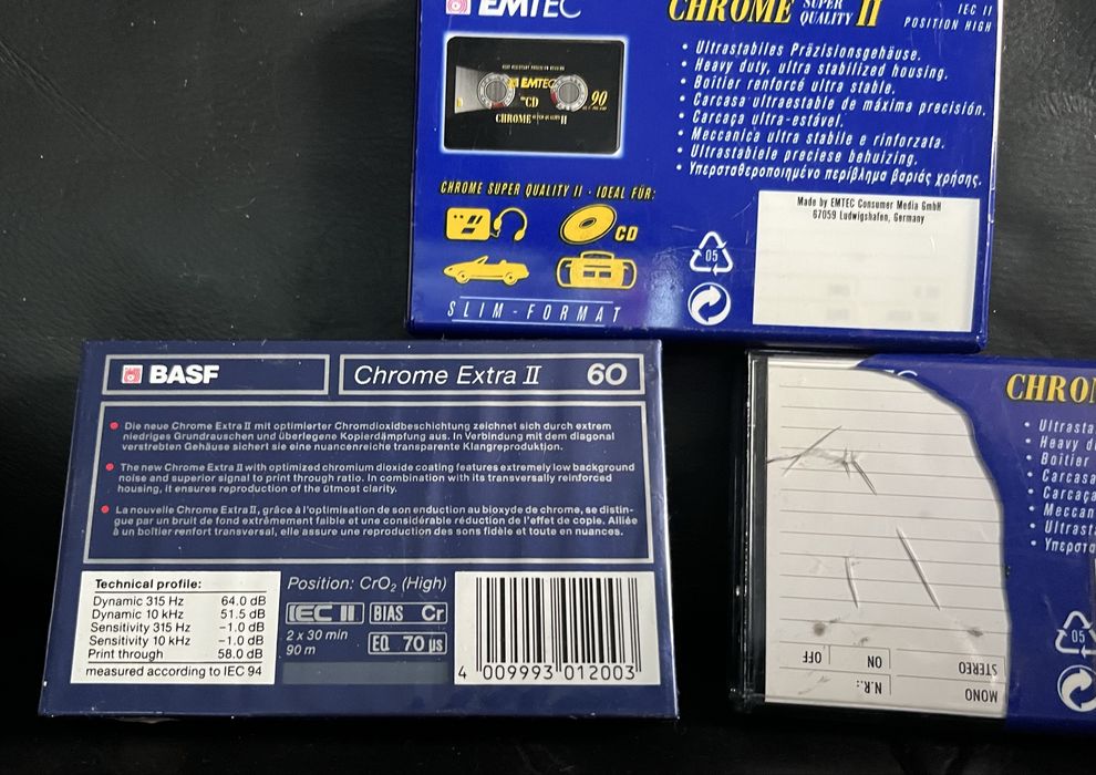 3 Nowe Kasety Magnetofonowe EMTEC Chrome Super Quality II 90 , BASF 60 Chrome Extra II