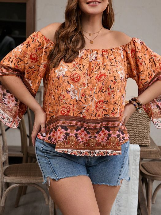 Bluzka Letnia Boho W Kwiaty Z Odkrytymi Ramionami Casual Shein 5Xl 50
