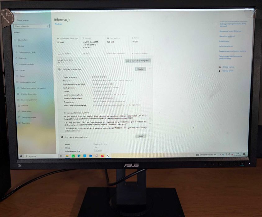 Zestaw komputerowy Intel i3-8100 | 12 GB RAM | SSD | ASUS 24" | Windows 10 | Gotowy do pracy