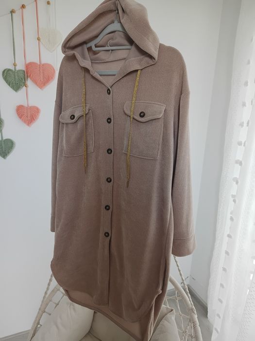 Koszula z kapturem bluza oversize kurtka jesień beżowa   L/XL 40/42