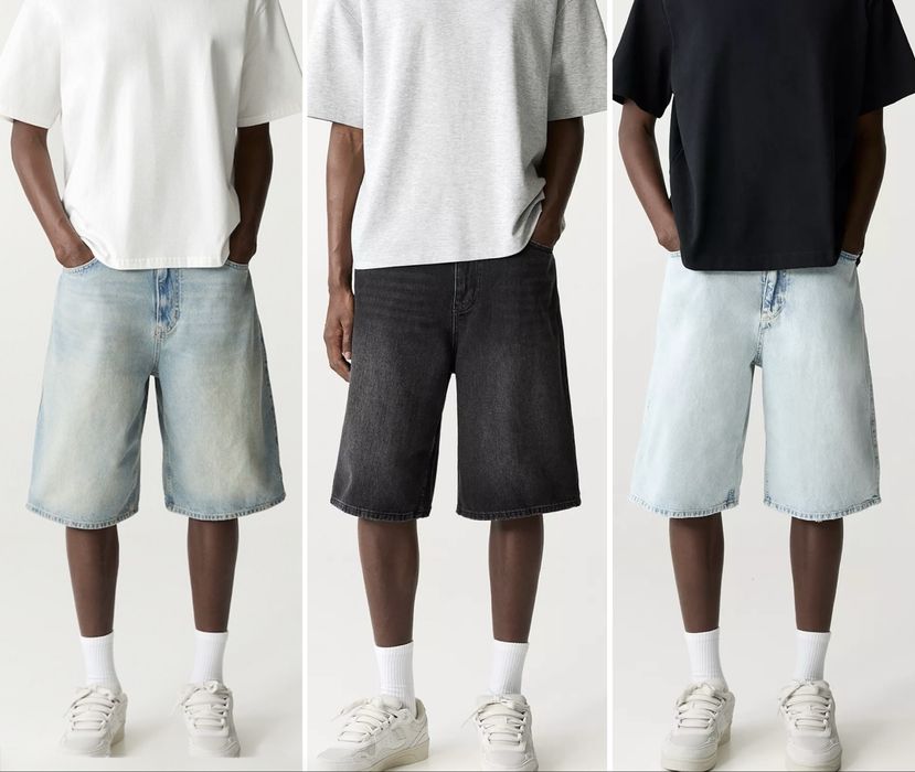 Широкі Чоловічі Шорти PULL&BEAR Skater Fit Чоловічі Оригінал Нові Чорні Джинсові Широкие Джинсы Шорты Shorts Пул Бир