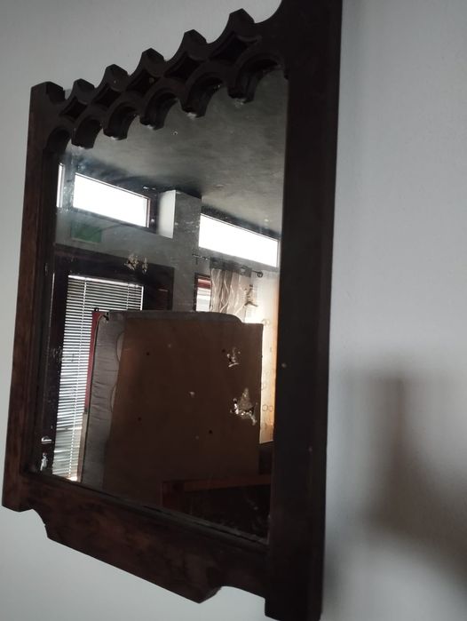 Espelho madeira maciça com patina manchas no espelhado