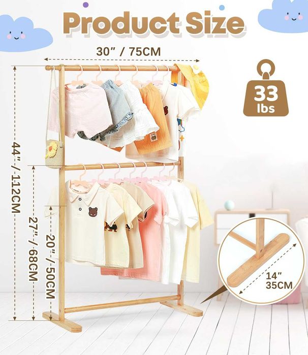 Bambusowy stojak na ubrania dla dzieci z dwoma biegunami