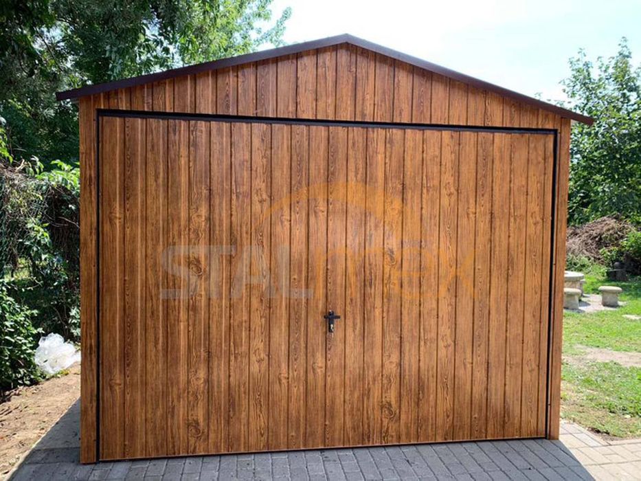 Garaż na samochód / garaż blaszany 3×5 - złoty dąb, dach dwuspadowy