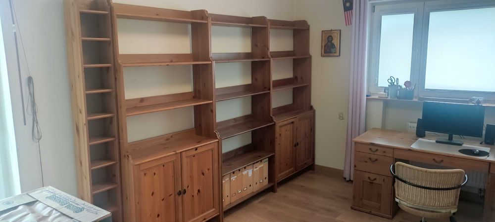 Regał IKEA Leksvik + biurko + fotel ratan, lite drewno, sosna antyczna