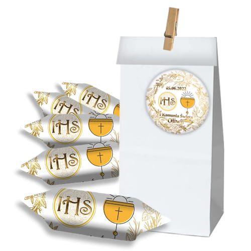 KRÓWKI ze zdjęciem Komunia w torebkach białych 10kpl