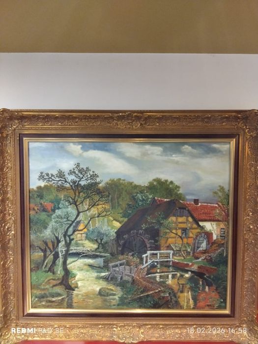 Obraz olejny 90x79 cm „Młyn wodny” sygnowany Kalle 1973 r. – duża złot
