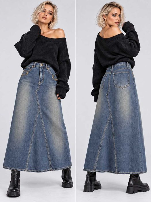 Винтажная джинсовая юбка макси, трапеция, TRADER Jeans Company эффект варки, р. S/M