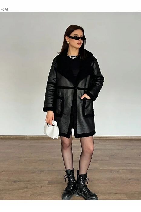 Elegancki czarny płaszcz z eko skórą i ociepleniem s 5ia