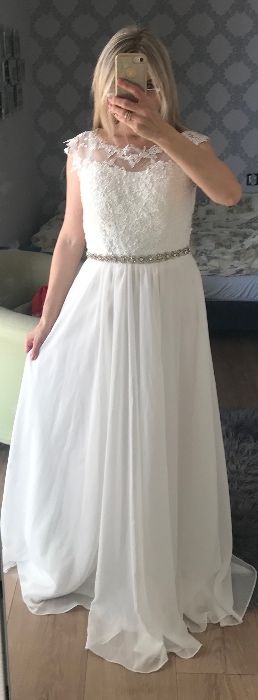 Suknia ślubna S/M 36/38 z ozdobnym paskiem koronka