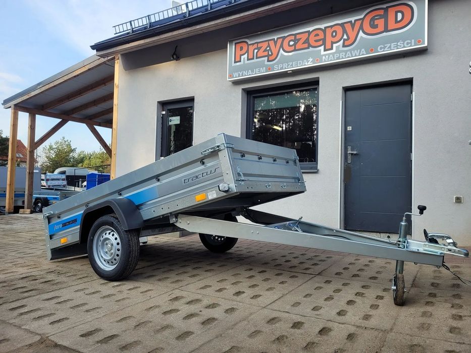 Faro Przyczepa TRACTUS 263x125 resor, uchylna, burty, MOCNA 750kg, DUŻY WYBÓR  Przyczepy lekkie, jedno i dwuosiowe, towarowe, podłodziowe