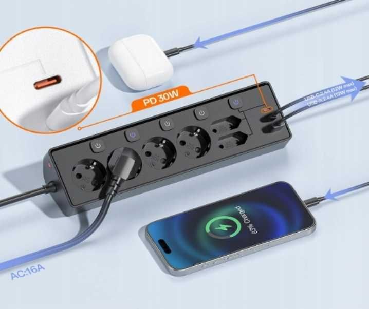 Listwa Zasilająca Kemelo 9w1 USB C 30W PD 3680W 4X SCHUKO KĄTOWA
