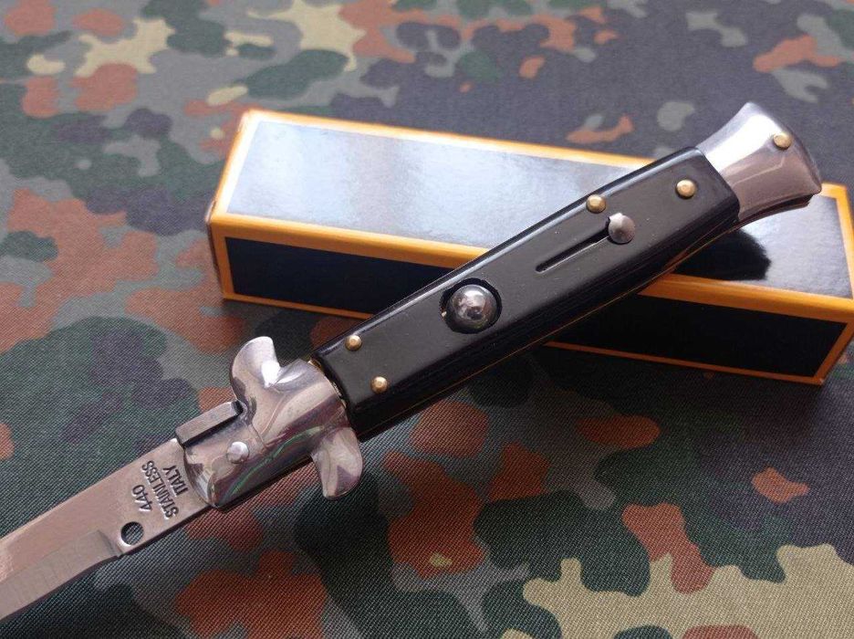 Туристичний складний викидний ніж стилет AKC Stiletto 440 Steinless Italy Black 25см,ніж для туризму з автоматичним пружиним викидом леза