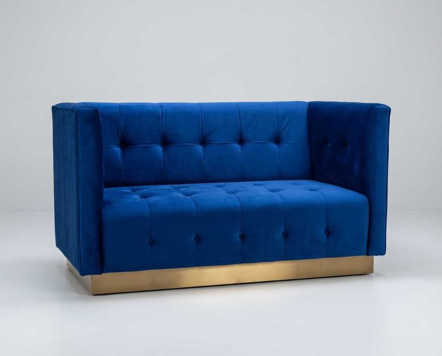Sofá 2 Lugares Veludo Azul + Base Dourada — Porto