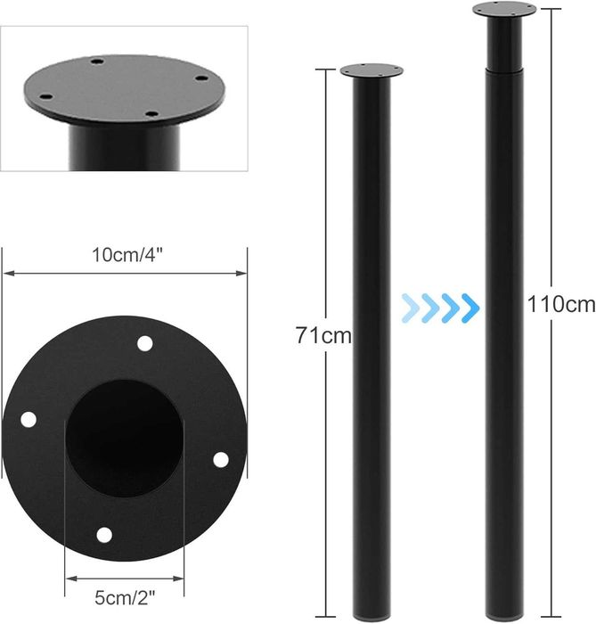 Pés de Mesa INMOZATA Ajustáveis 70–110 cm (Conjunto 4) | Pernas de Mesa em Metal Preto | Inclui Parafusos e Proteção de Base