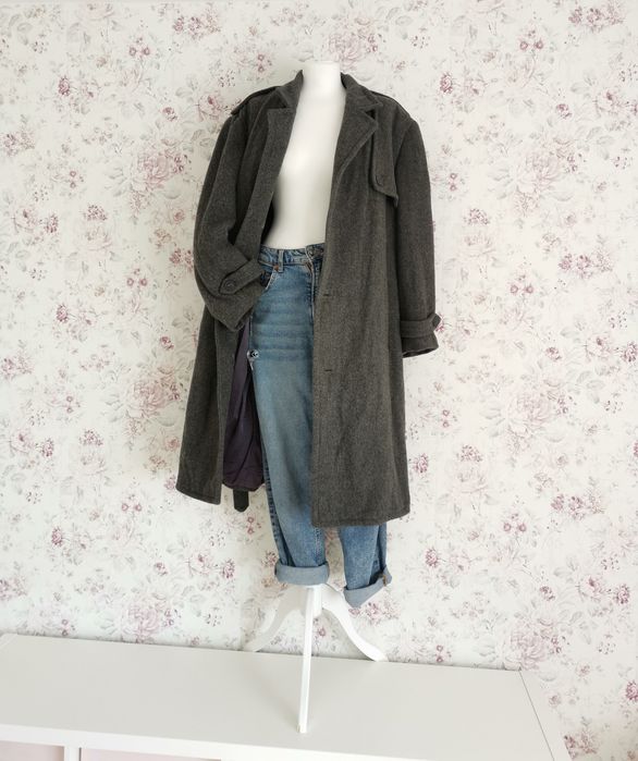 Szary wełniany ciężki płaszcz vintage moda polska xl, xxl
