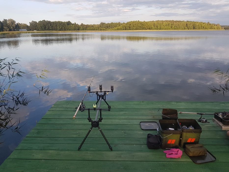 Domek letniskowy na Mazurach nad jeziorem Orzysz z linia brzegową.