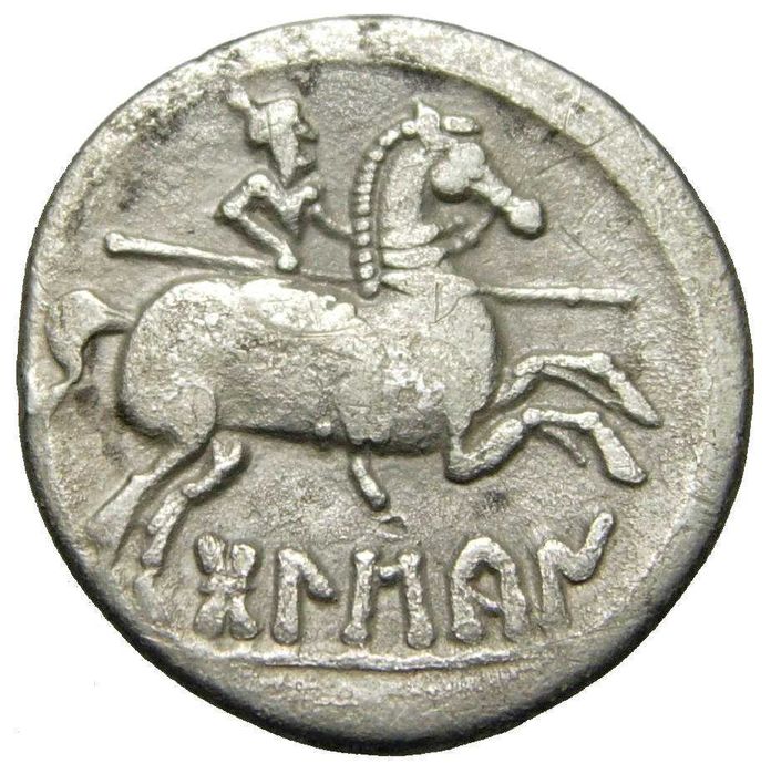 Moeda Ibérica, Denário de Bolscan (Huesca, Espanha),  150-100 aC.