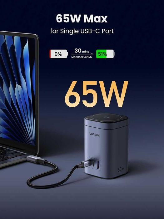 UGREEN Nexode - зарядна станція GaN потужністю 65 Вт, 3 порти з  Qi2