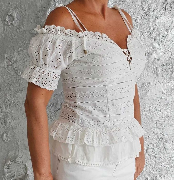 GUESS hiszpanka bluzka hafty i koronki roz M/L