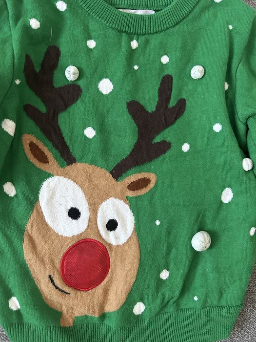 Zielony sweter świąteczny sweterek renifer Rudolf pompony santa squad
