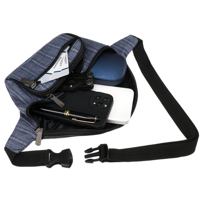 niebieska saszetka miejsko-sportowa zawieszona na regulowanym pasku