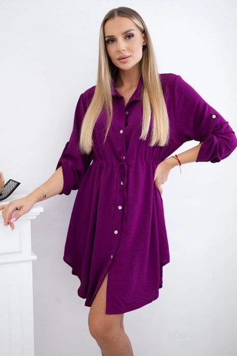Sukienka damska ciemno fioletowa guziki wiązana w talii kołnierzyk