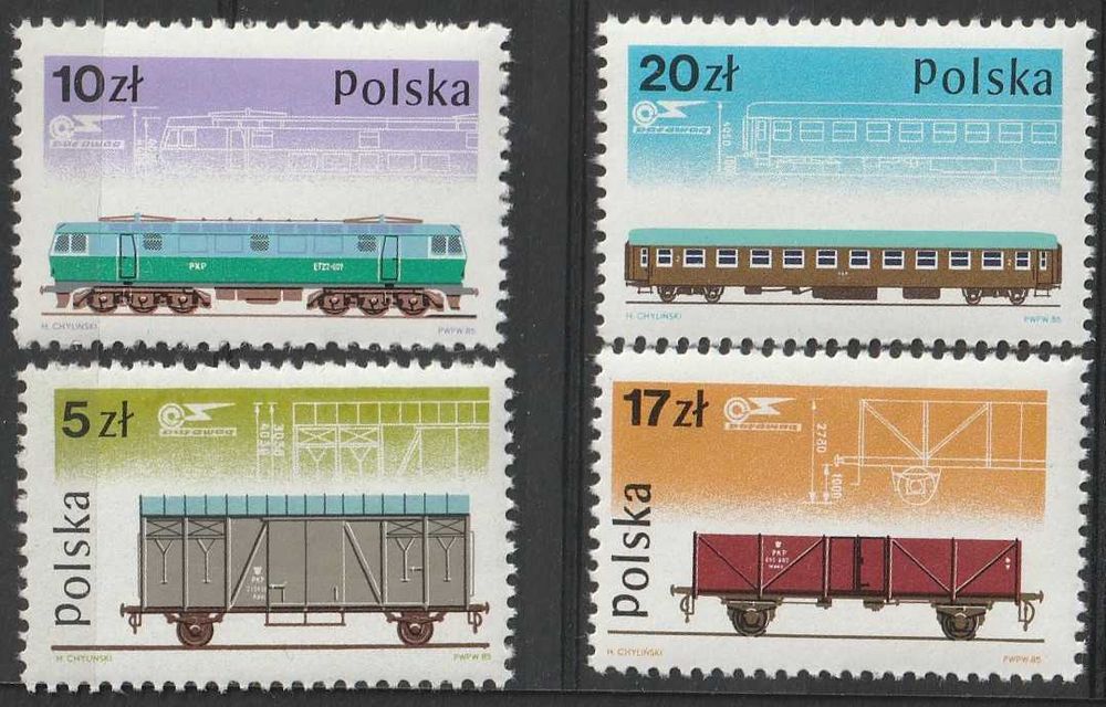 znaczki Polska - 1985 - LOKOMOTYWA wagony   - czyste **