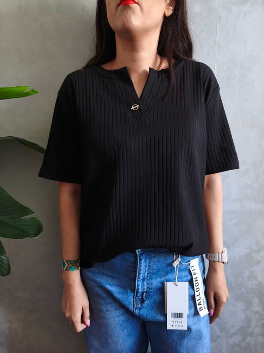 Koszulka damska wawa prążek czarna plus size 4XL