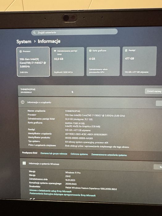Lenovo ThinkPad P14s Gen 2 | i7 | 32GB RAM | 512GB SSD | T500 4GB | Stan bdb! Bateria 90%
