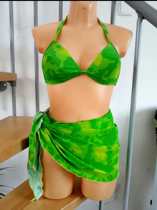 Strój kąpielowy trzyczęściowy neonowa zieleń spódnica kąpielowa bikini