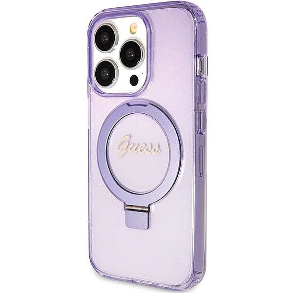 Etui Guess Ring Stand Script Glitter MagSafe na iPhone 15 Pro - fiolet