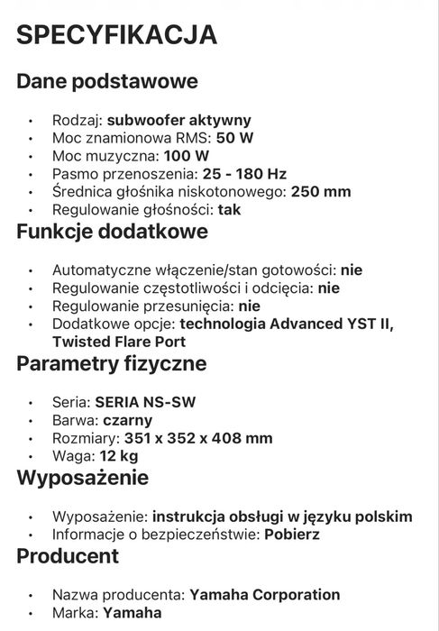 Subwoofer aktywny Yamaha NS-SW100 NOWY