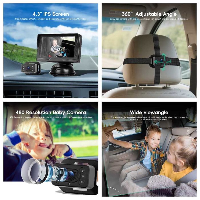 Monitor de Bebé para Carro HD Câmara Visão Noturna e Ecrã IPS NOVO