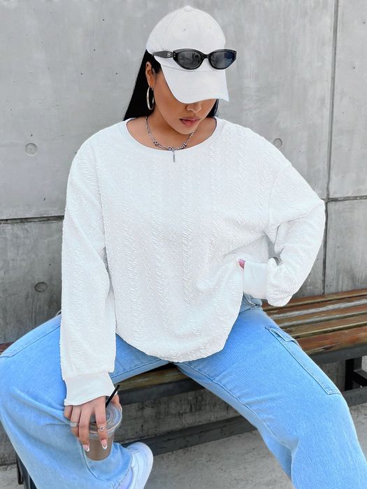 Bluza Luźna Teksturowana Z Obniżonymi Ramionami Biała Casual Shein 3Xl